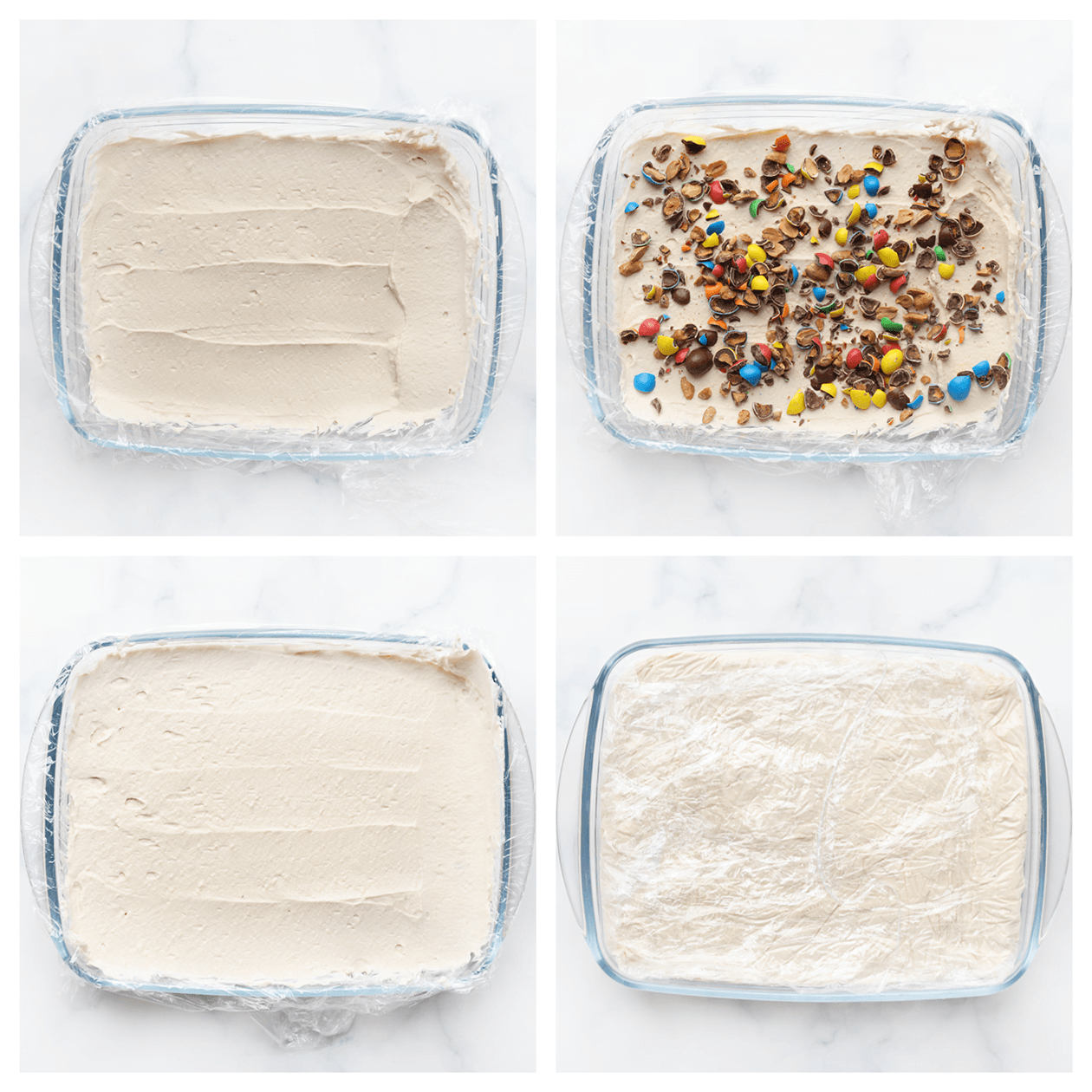 Schaal vullen met room, m&ms en afdekken