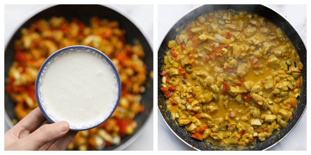 Voeg de ongeklopte slagroom toe en zet het vuur hoog. Laat het geheel 5-7 minuten koken, of totdat de saus goed is ingedikt.