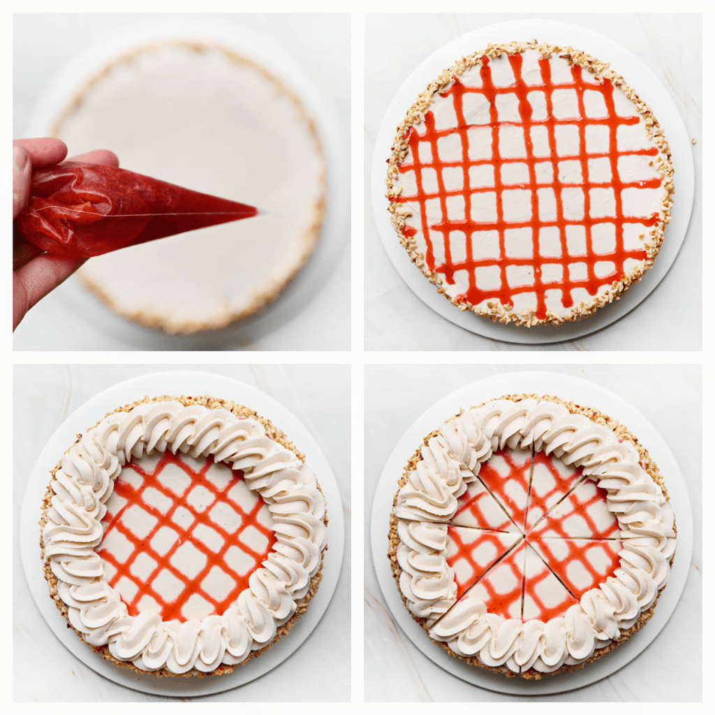 Spuit verticaal en horizontaal lijnen op de taart van het aardbeienmengsel. Doe de overige room in een spuitzak met spuitmondje en garneer de zijkanten met room. Snijd de aardbeientaart in mooie puntjes. Indien gewenst, garneer met halve aardbeien en gehakte witte chocolade.