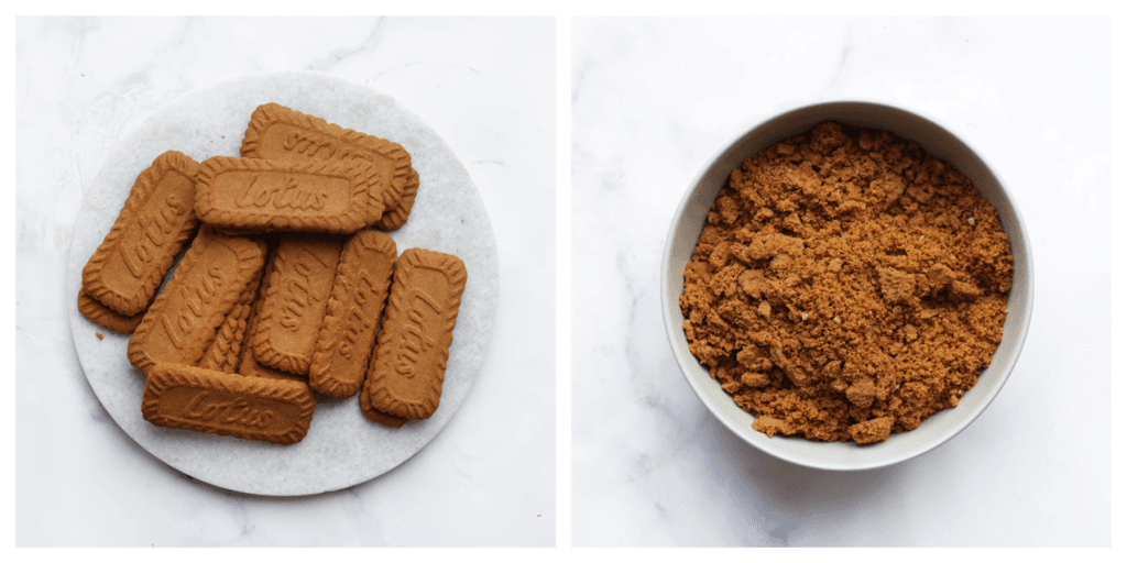Doe de speculooskoek in een hakmolen en maal deze niet al te fijn.