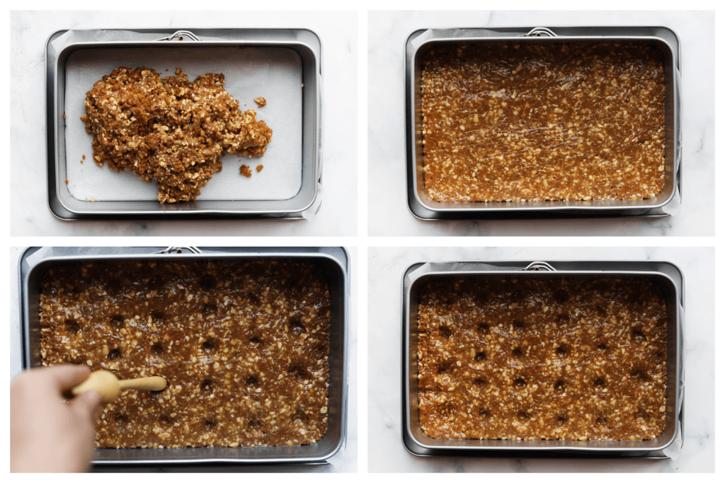 Verdeel het koekmengsel over een bakvorm. Maak gaten in de cake, bijvoorbeeld met de achterkant van een houten lepel of een ander rond voorwerp.