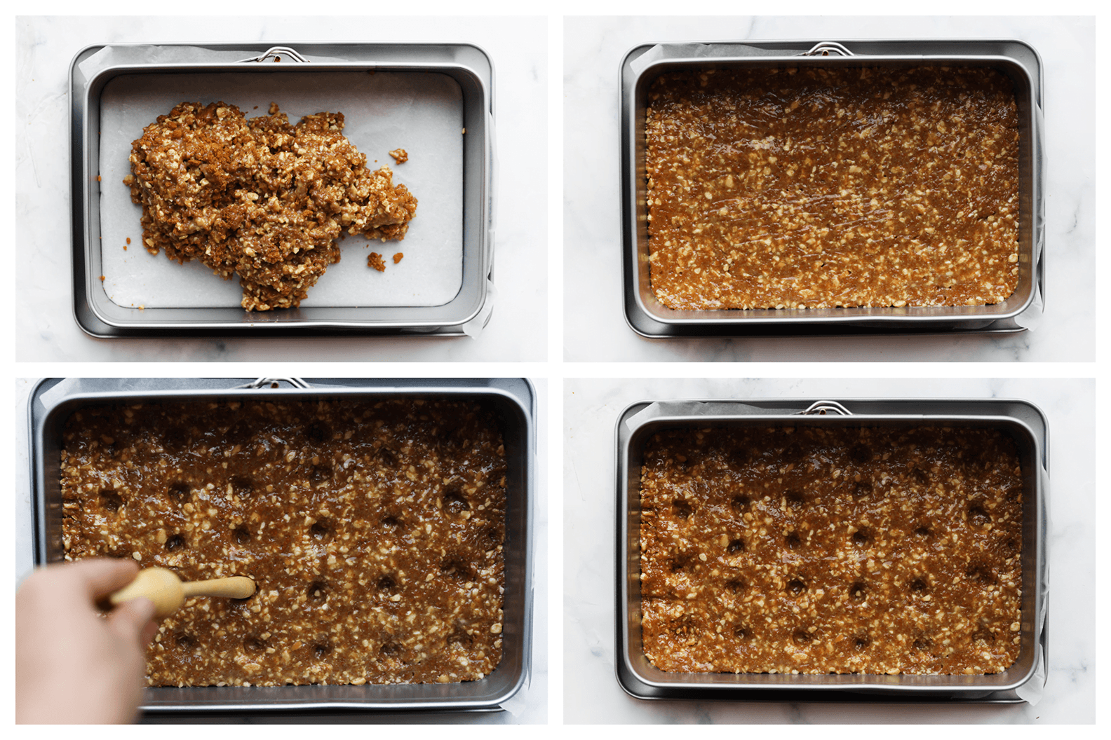 Speculoosmengsel verdelen over een bakvorm en diepe gaten in maken