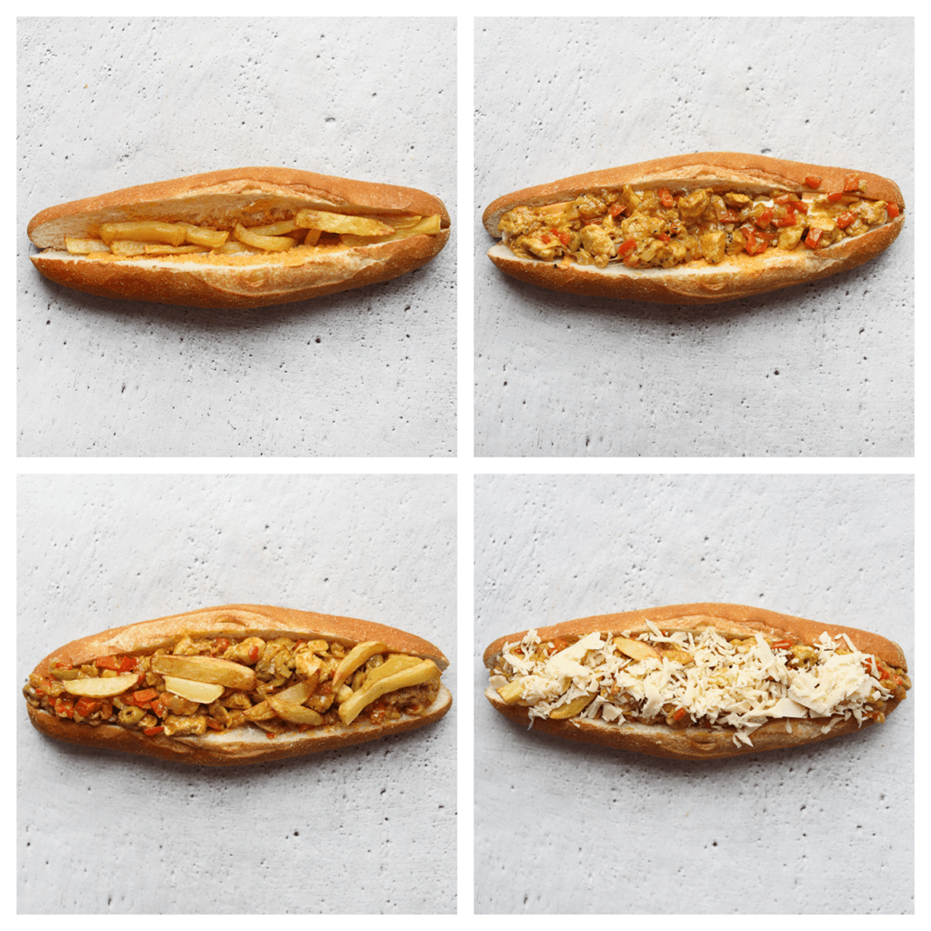 Vul het stokbrood met friet, het kipmengsel, nog wat friet en wat geraspte kaas naar wens. Herhaal de werkwijze (ik heb 3 grote stokbroden kunnen vullen).