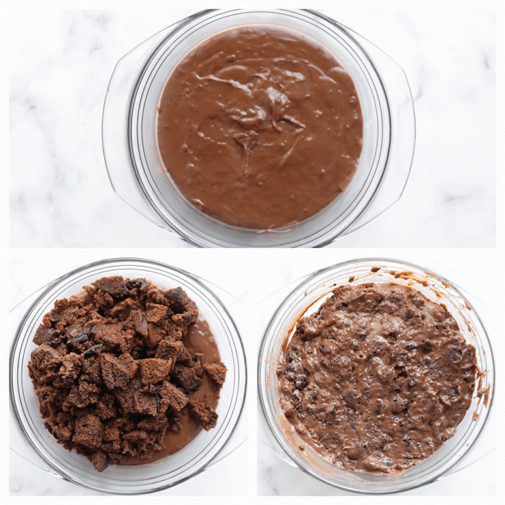 Voeg de muffinstukjes toe aan het chocolademengsel en meng alles tot een geheel.