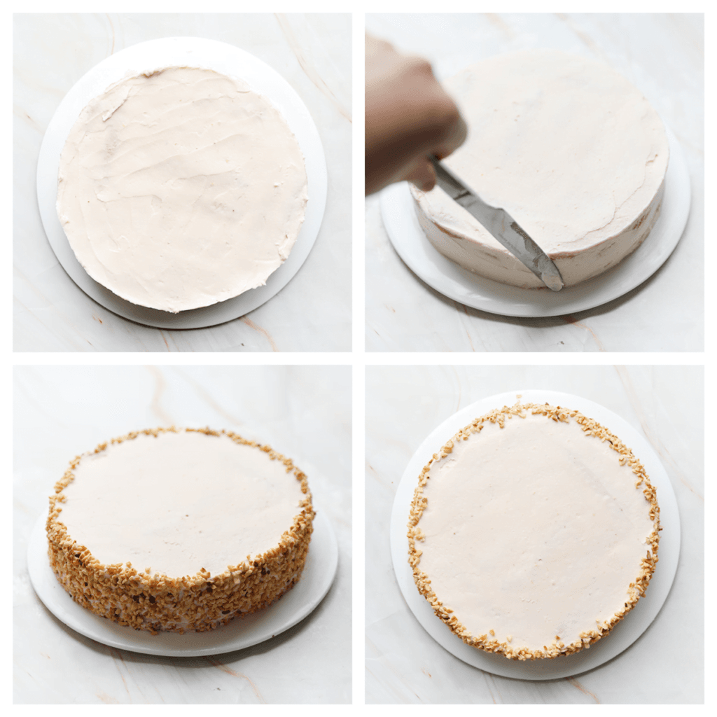 Haal de aardbeientaart uit de springvorm en smeer de zijkanten goed in met de overgebleven room. Garneer de zijkanten met gehakte hazelnoten.