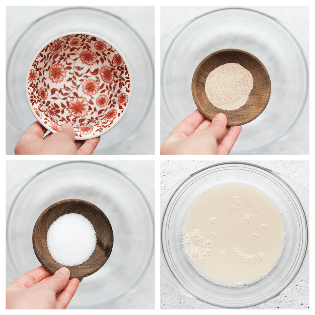 Doe het lauwwarme water samen met de suiker en gist in een kom en meng goed. Laat het 5 minuten staan.