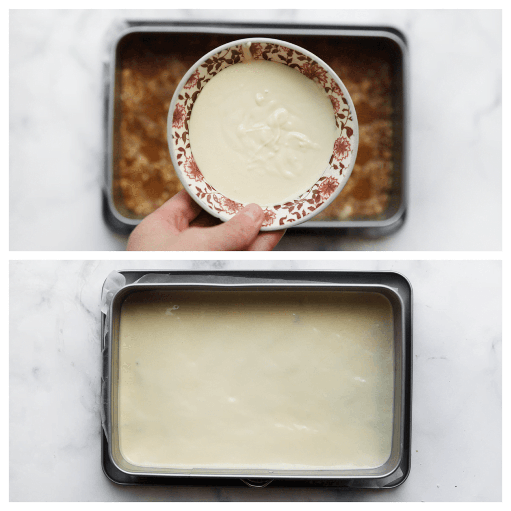 Verdeel de gesmolten witte chocolade gelijkmatig over het speculoosmengsel.