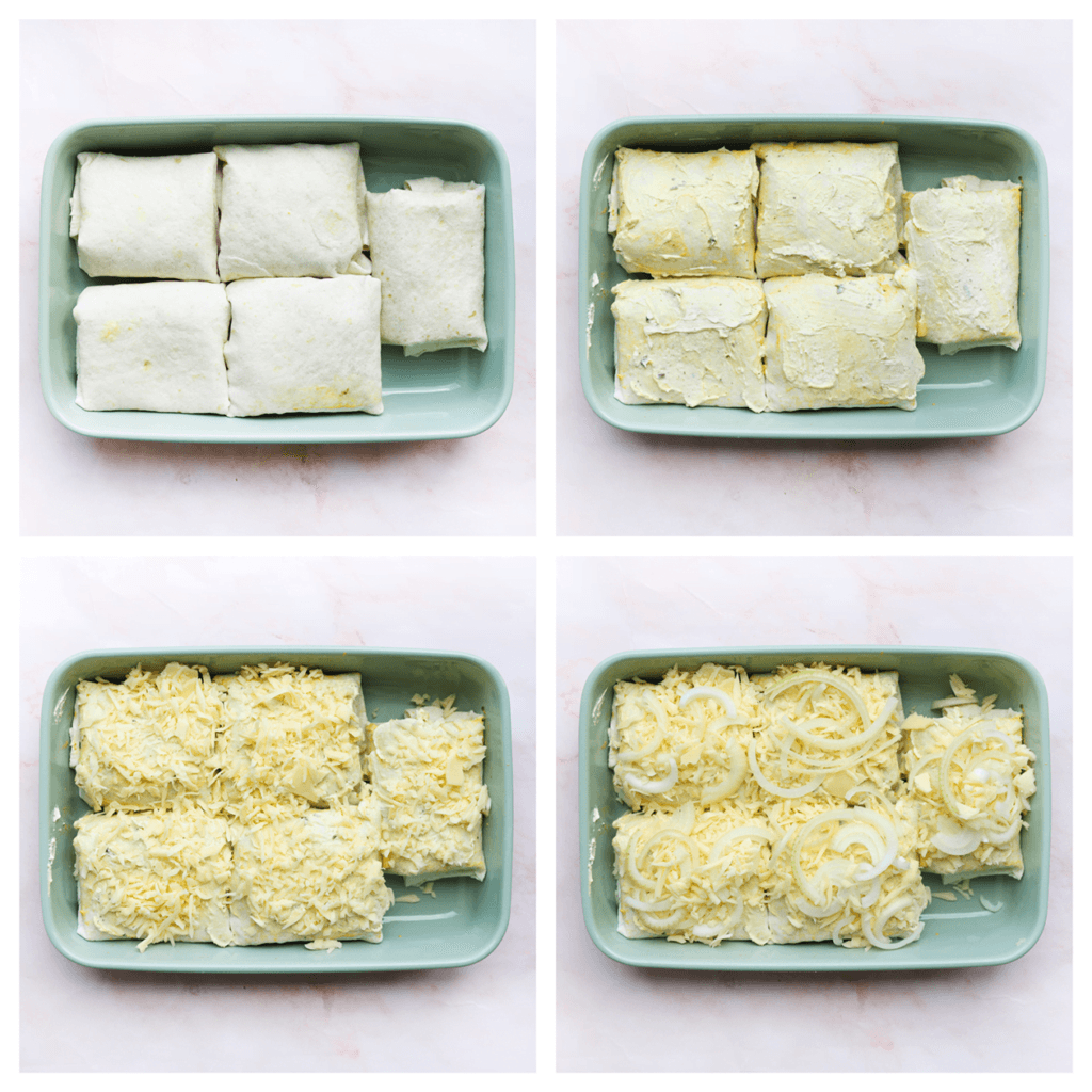 Leg de kippakketjes in een ovenschaal of bakvorm. Smeer ze in met kruidenboter en strooi er geraspte kaas en gele ui over.