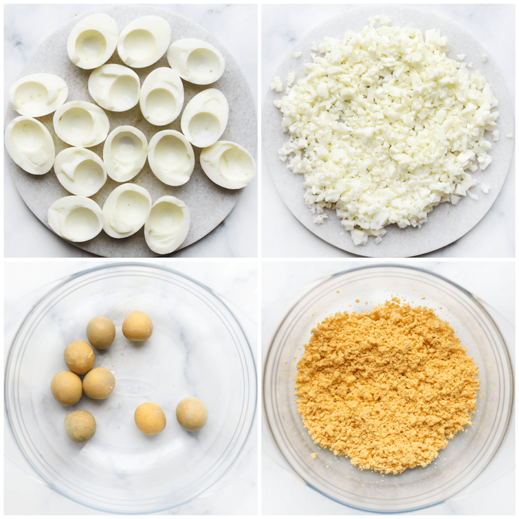 Snijd het hardgekookte eiwit in de lengte open en haal het hardgekookte eigeel weg. Leg de halve eiwitten en eigelen apart. Snijd het eiwit in kleine stukken en prak het eigeel fijn.