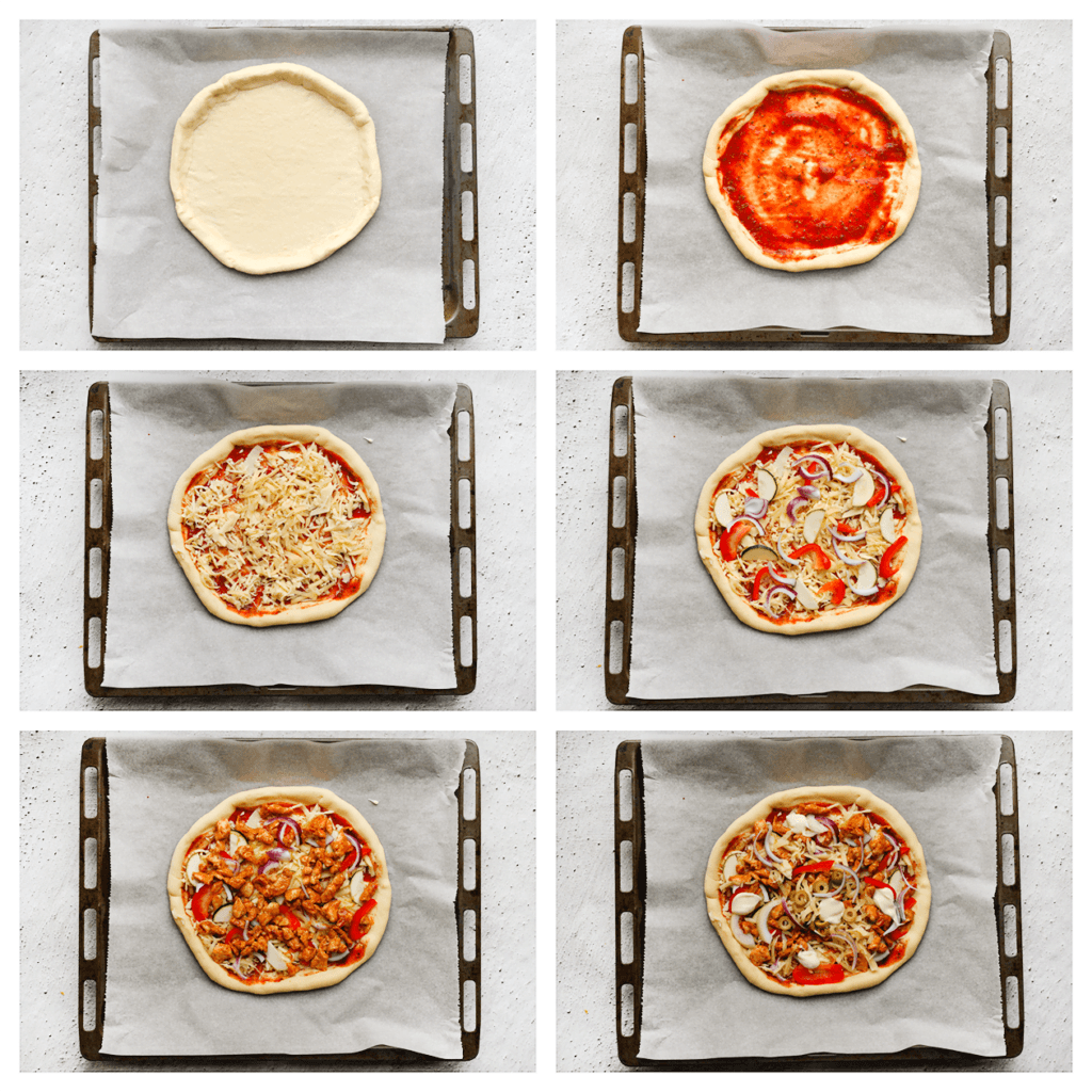 Verdeel de tomatensaus erover en garneer met geraspte kaas, rode paprika, courgette, rode ui, gele ui en groene olijven. Schep het kipmengsel eroverheen. Top het geheel af met extra groenten en wat smeerkaas. Herhaal de werkwijze en laat het geheel 30 minuten rusten, of tot het deeg in omvang is verdubbeld.