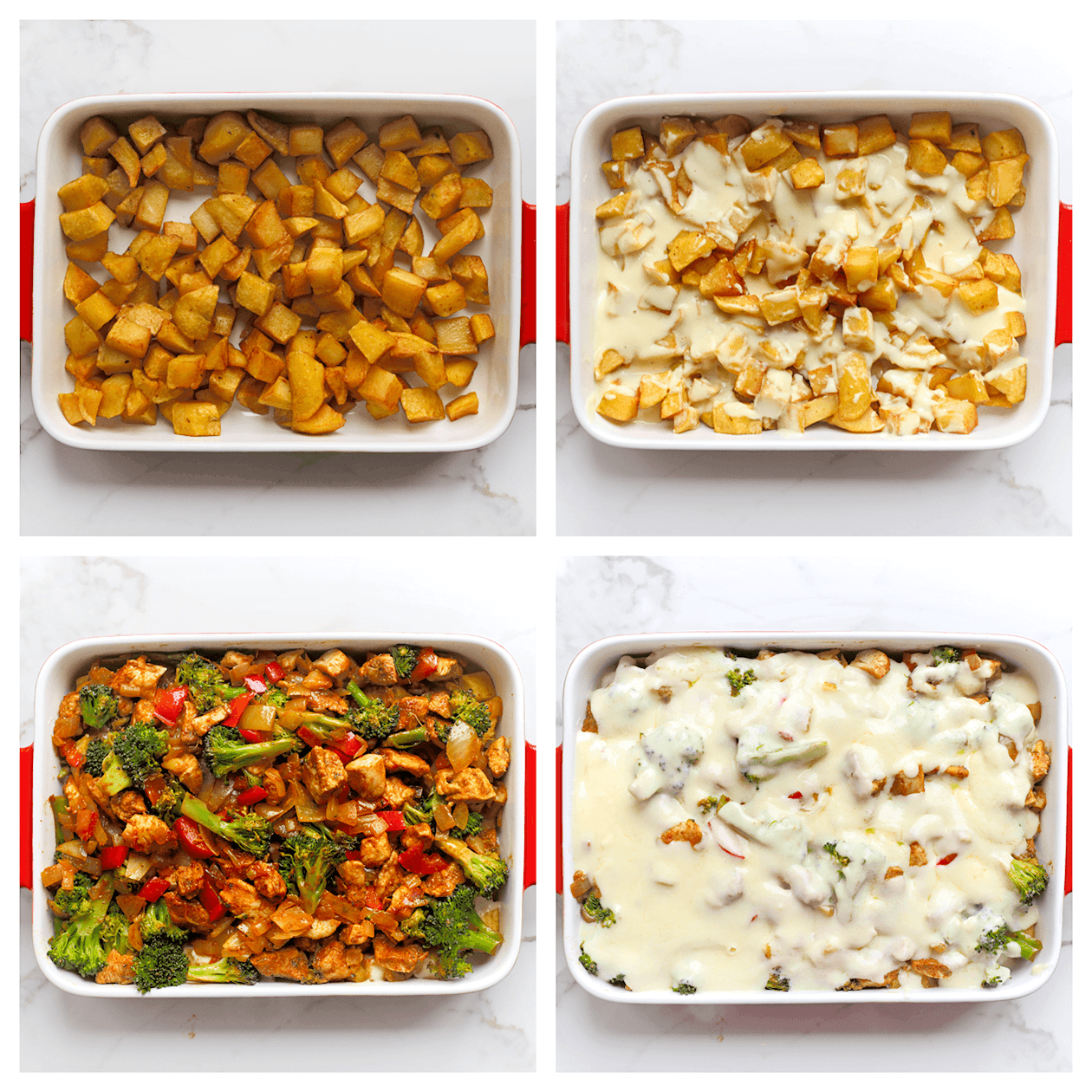 Aardappelblokjes verdelen over een ovenschaal met daarover bechamelsaus, kip en groenten