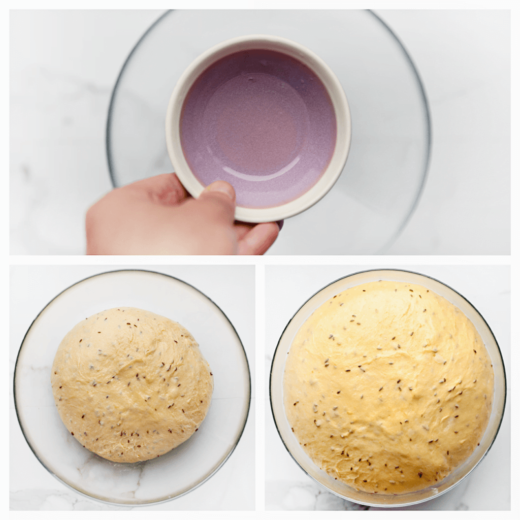 Vet de kom in met 5 ml zonnebloemolie. Voeg het deeg toe en laat het op een warme plek in huis gedurende 1 uur rijzen of totdat het deeg in omvang is verdubbeld.