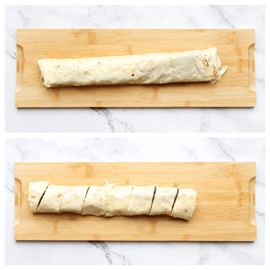 Snijd de gevulde rollen in stukken.
