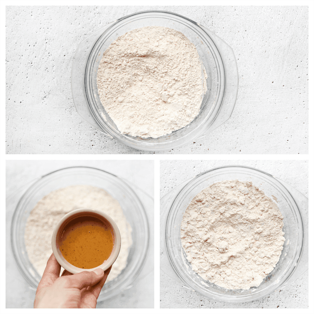 Doe de bloem, maïzena, zout, knoflookpoeder, uienpoeder en cayennepeper in een andere kom. Voeg het apart gezette karnemelkmengsel toe en verkruimel het deeg met je handen.