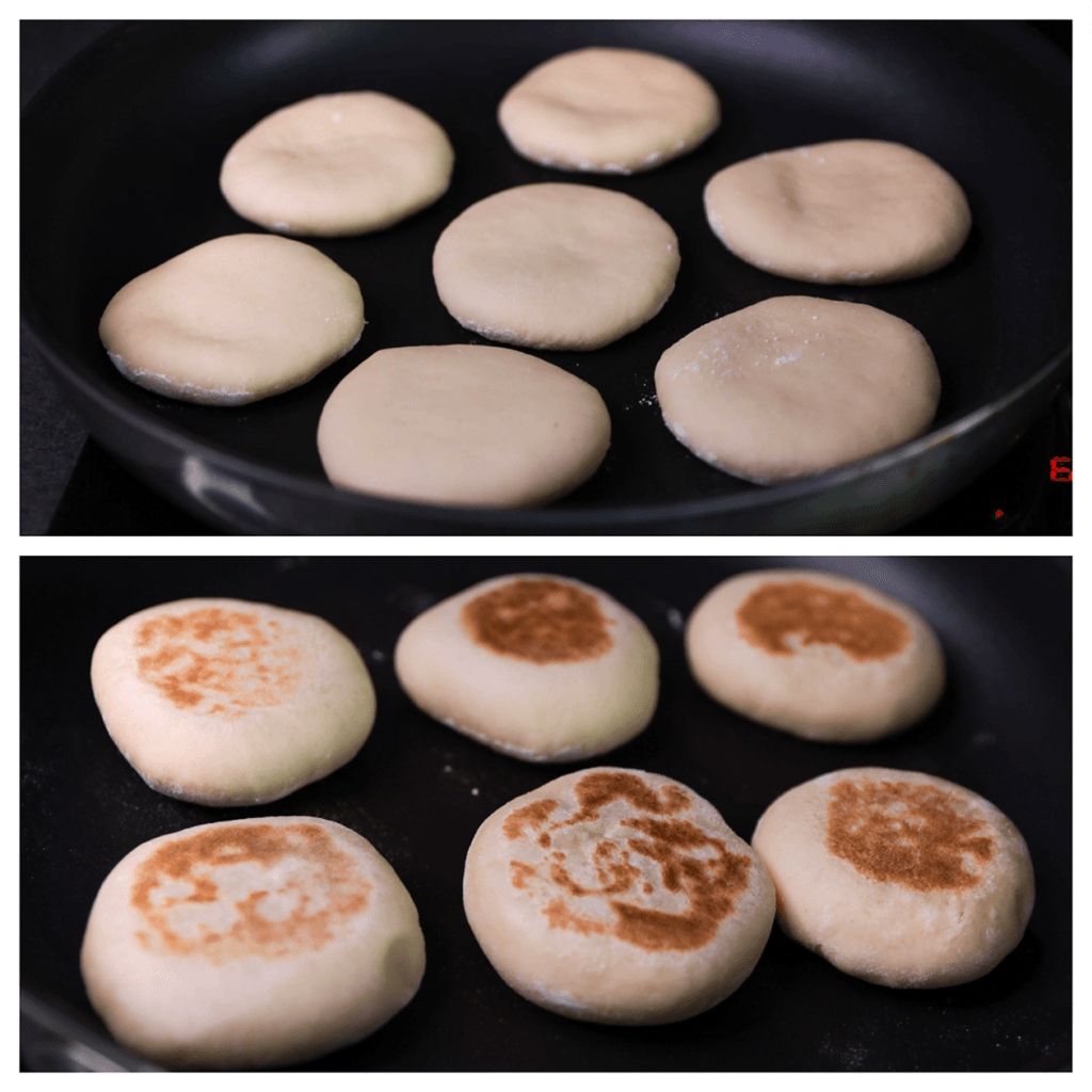 Verhit een koekenpan met een dikke bodem op middelhoog vuur. Bak de broodjes aan beide kanten goudbruin en dek ze direct af met een schone theedoek, zodat ze heerlijk zacht blijven.