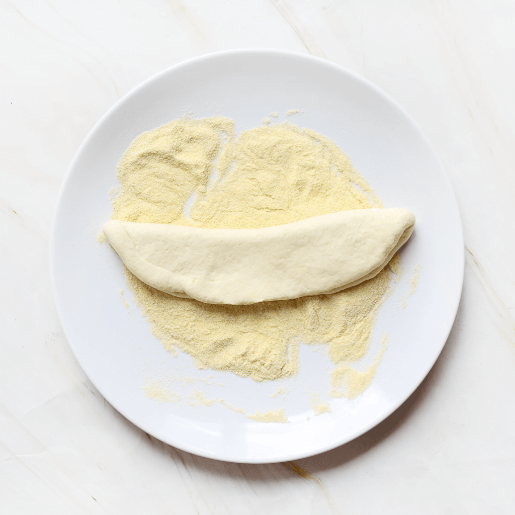 Haal het deeg door de fijne griesmeel en leg het op een bakplaat met bakpapier.