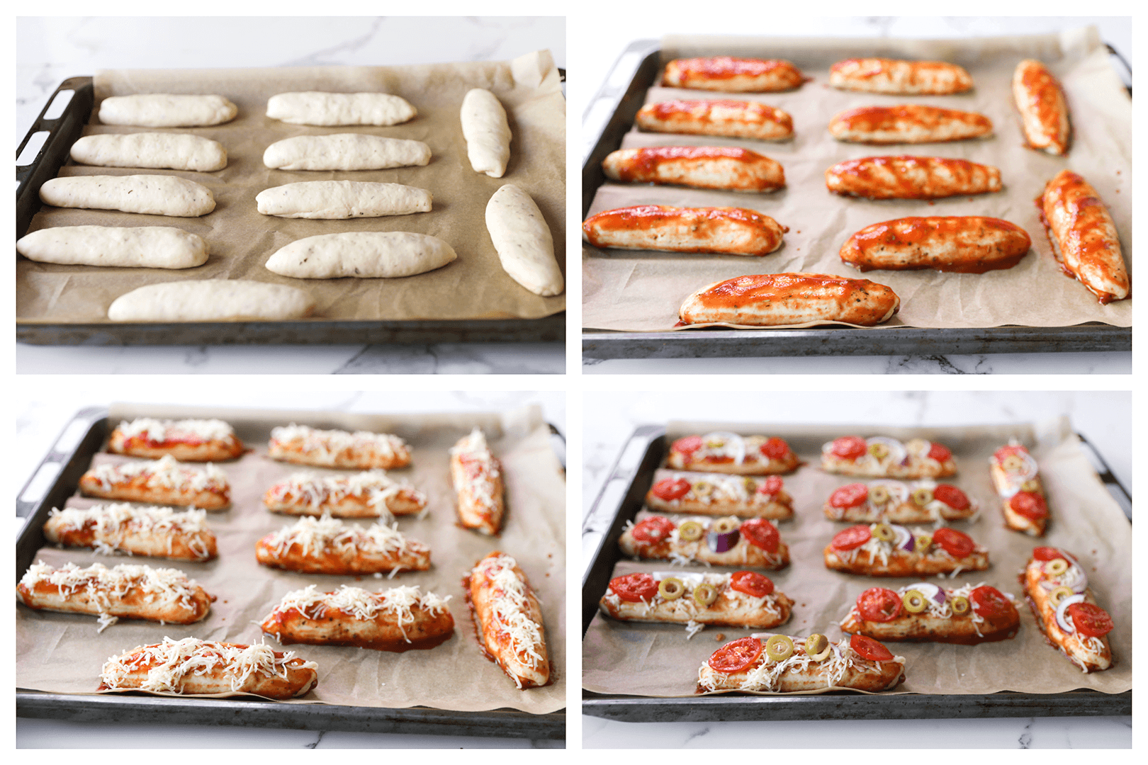 Broodjes garneren met tomatensaus, geraspte kaas en groenten