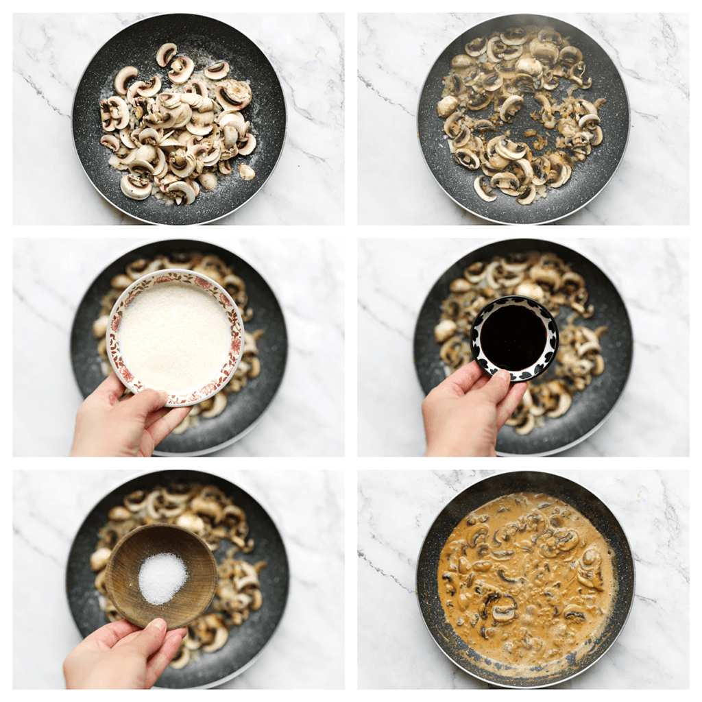 Verhit de roomboter in een koekenpan op middelhoog vuur. Voeg de gele ui toe en bak 3 minuten. Voeg de champignonplakjes toe en bak tot deze zacht zijn. Voeg de ongeklopte slagroom, ketjap manis en het zout. Kook 5-7 minuten of tot de saus is ingedikt.