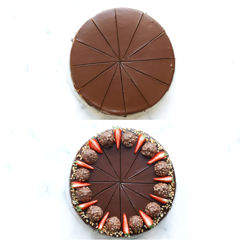 Als de cheesecake goed opgesteven is, kun je het in mooie stukken snijden. Garneer het met gehakte hazelnoten, plakjes aardbei en eventueel een Ferrero Rocher of andere decoratie naar wens.