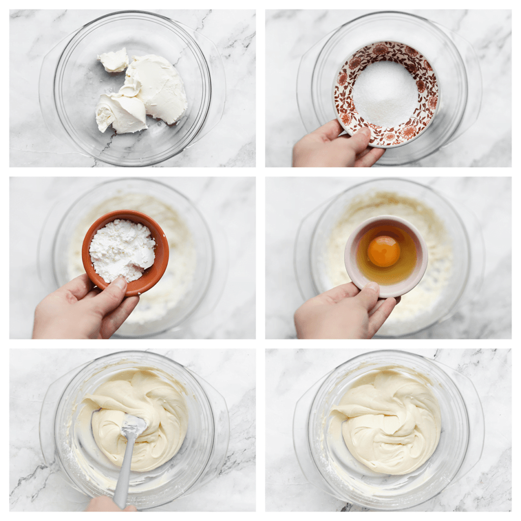 Doe de roomkaas in een aparte kom. Voeg de suiker en vanillesuiker toe. Mix 1 minuut. Zeef de maïzena boven de kom en mix tot een geheel. Leg de mixer weg en voeg het ei toe. Spatel dit luchtig door het beslag.