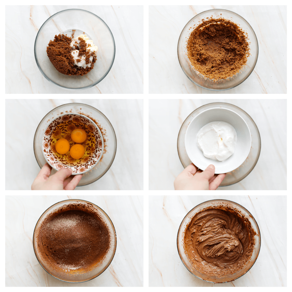 Doe de donkerbruine basterdsuiker samen met het zout, de vanillesuiker, suiker en zachte roomboter in een diepe kom. Mix tot een geheel. Breek de eieren boven de kom en mix goed. Voeg de yoghurt toe en mix goed. Zeef de bloem, het cacaopoeder en bakpoeder boven de kom. Mix tot een gladde massa.