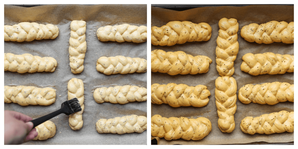 Leg de vlechtbroodjes op een bakplaat met bakpapier. Bestrijk het deeg met geklutst ei. Laat ze gedurende 30 minuten rijzen of totdat de broodjes in formaat zijn verdubbeld.