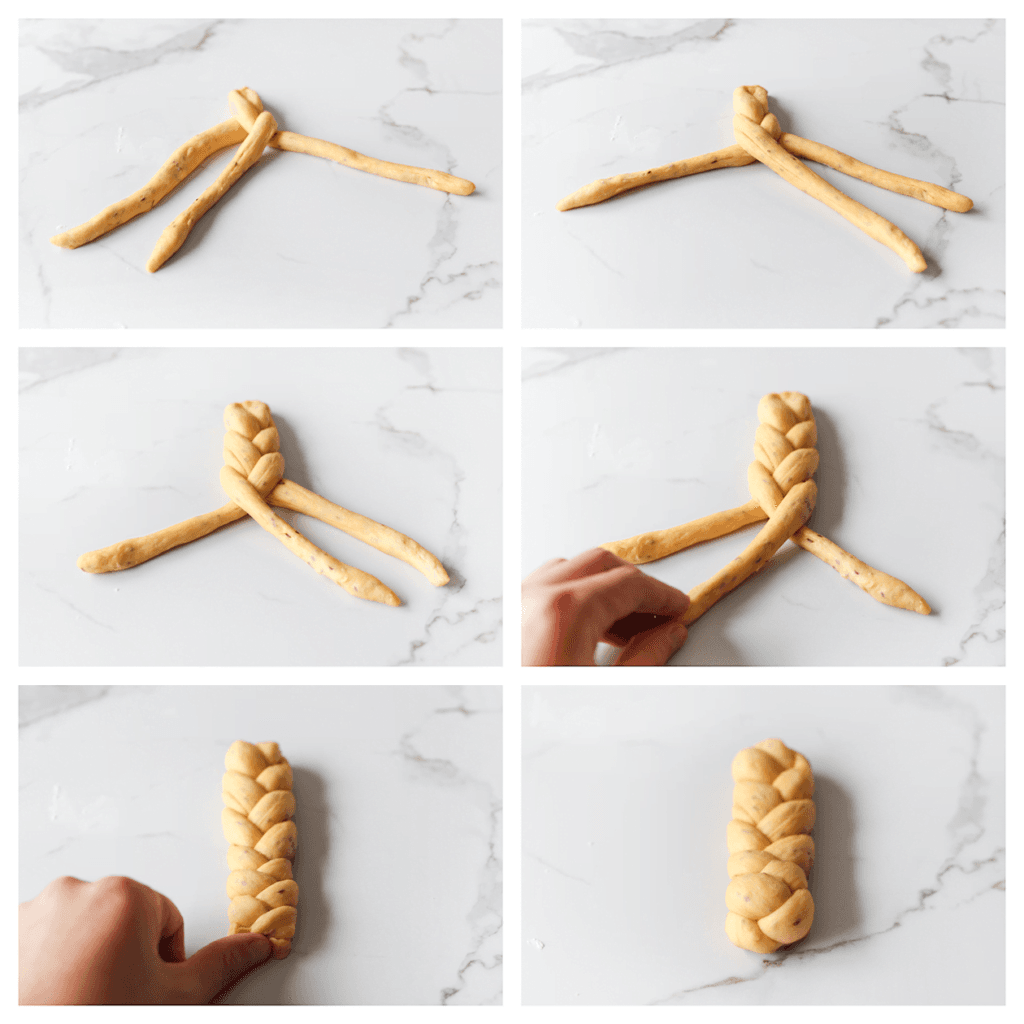 Vlecht ze mooi in. Druk het uiteinde onder het deeg.