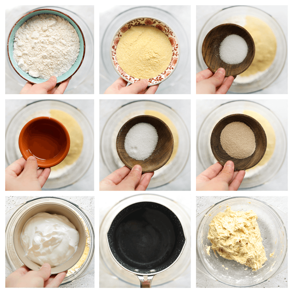 Doe de bloem samen met de fijne griesmeel, gist, het zout, de suiker, zonnebloemolie, yoghurt en het water in een diepe kom. Meng goed en kneed 10-12 minuten.