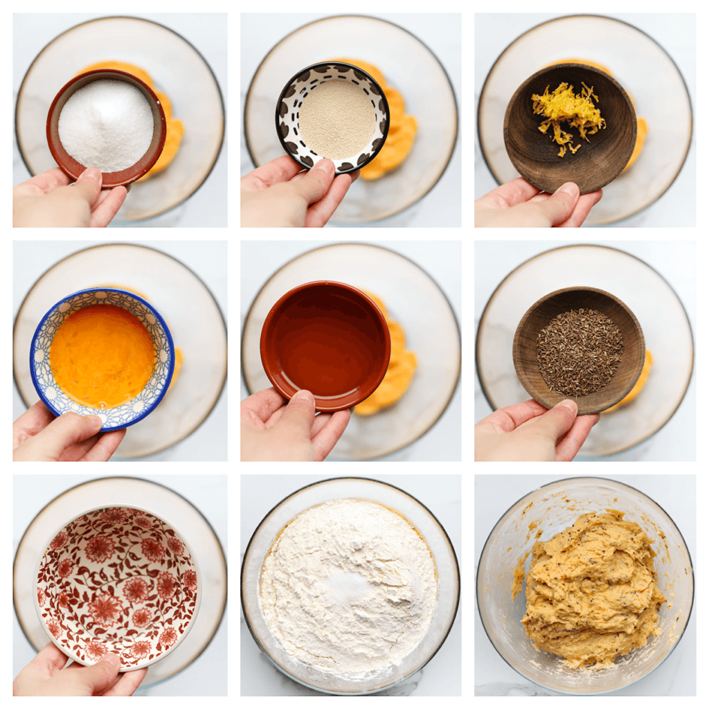 Doe het zoete aardappelmengsel in een diepe kom. Voeg de witte basterdsuiker, vanillesuiker, gist, citroenrasp, het geklutste ei, zonnebloemolie, anijszaad, bloem, zout en water toe. Meng en kneed gedurende 10 minuten.