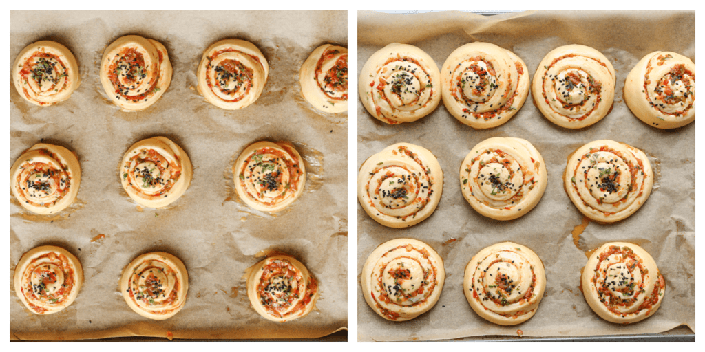 Laat het deeg 30 minuten rijzen op een warme plek in huis, of tot het in omvang is verdubbeld.