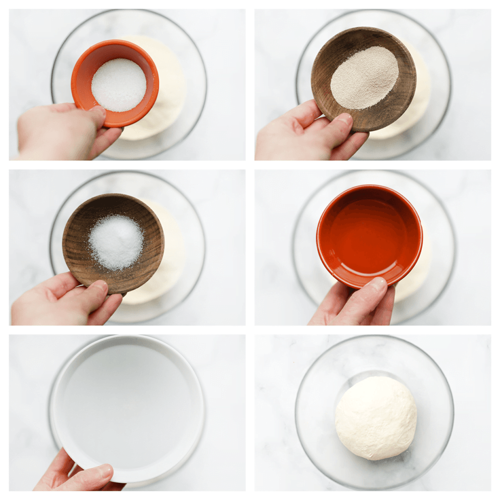 Doe de bloem samen met de gist, suiker, het zout, de olie en het lauwwarme water in een diepe kom. Meng alles goed door elkaar en kneed het deeg vervolgens gedurende 10-12 minuten.