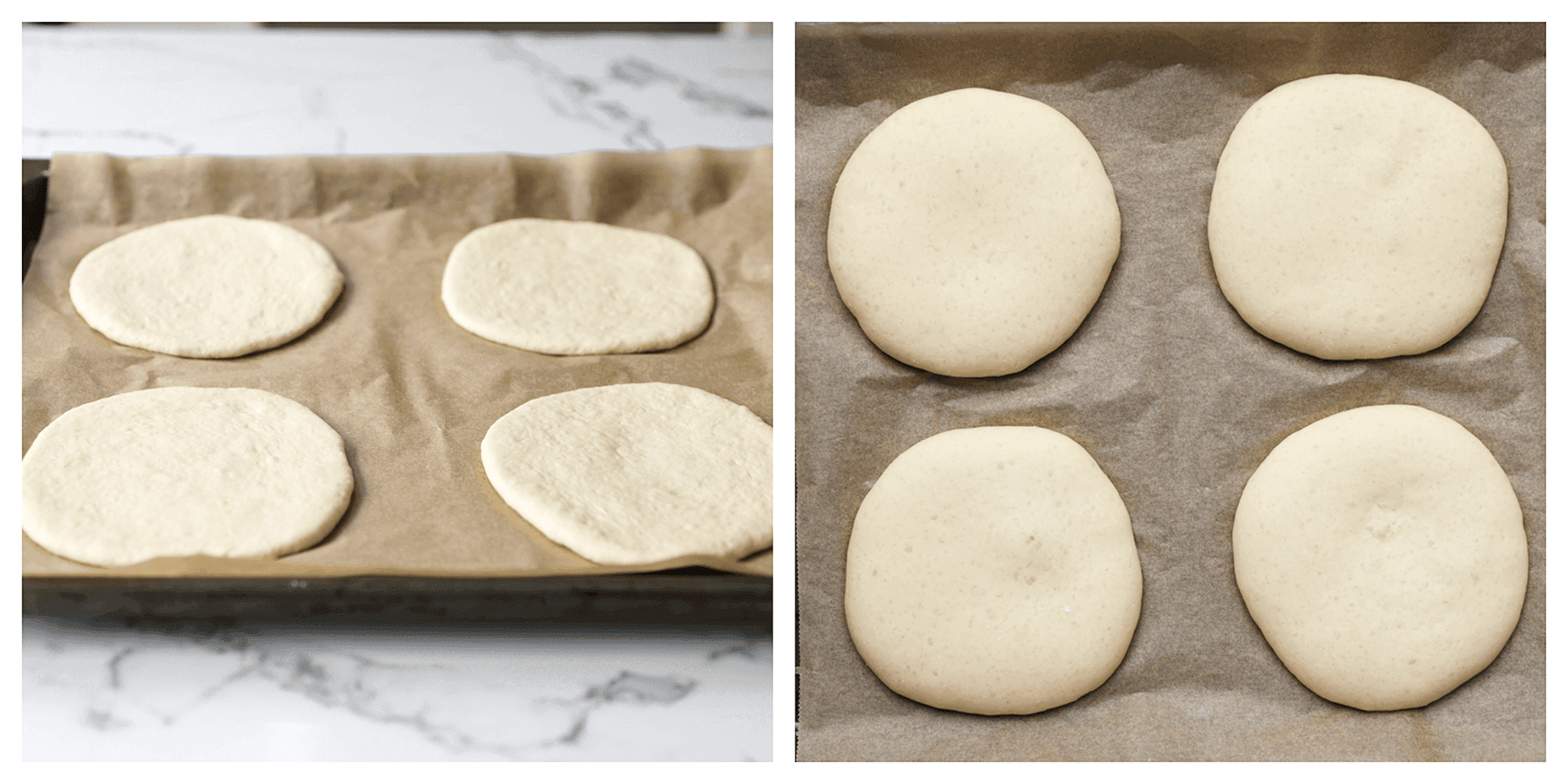 Deeg op een bakplaat met bakpapier leggen en laten rijzen totdat het in omvang is verdubbeld