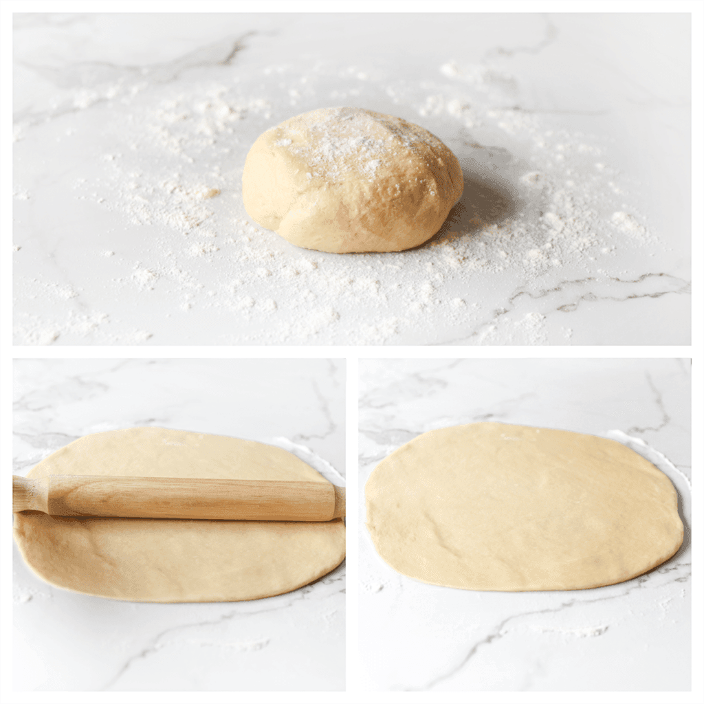 Stort het deeg op een met bloem bestoven werkplek en rol het uit tot een ronde lap van 30 cm.