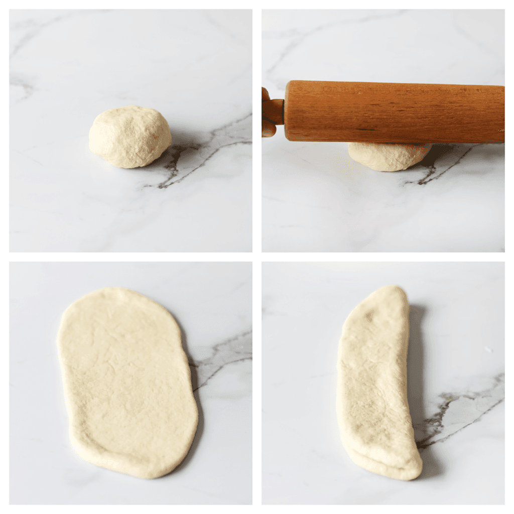 Neem het deeg en rol het uit tot een ovale lap van 24x12 cm. Vouw het deeg in de lengte dicht.