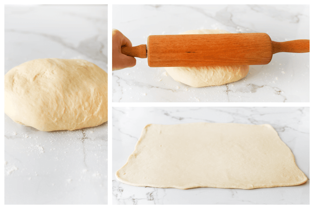 Rol het deeg uit tot een lap van 40 bij 45 cm. 