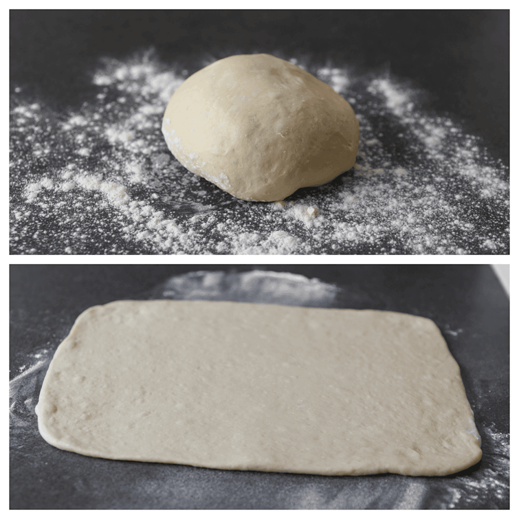 Stort het deeg op een met bloem bestoven werkplek en rol het uit tot een rechthoekige lap.