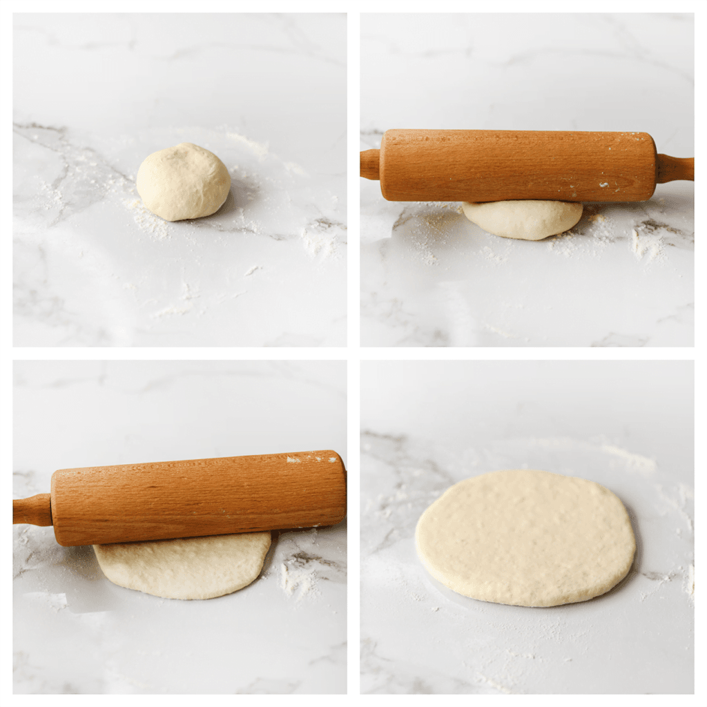 Neem een bolletje deeg en rol deze met een deegroller uit tot een ronde lap van 14 cm. 