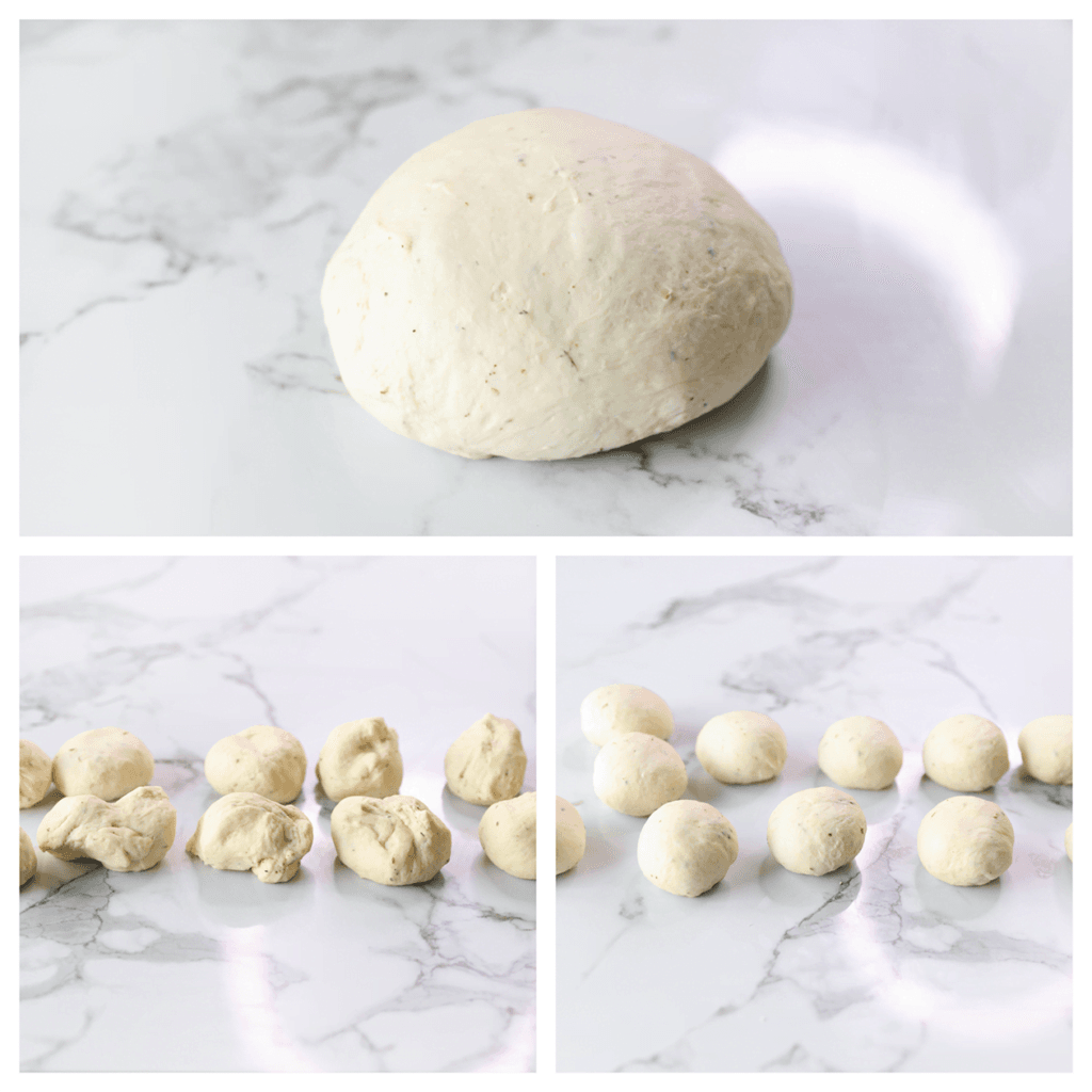 Verdeel het deeg in 11 stukken van ongeveer 68/70 gram per stuk en maak er bollen van.