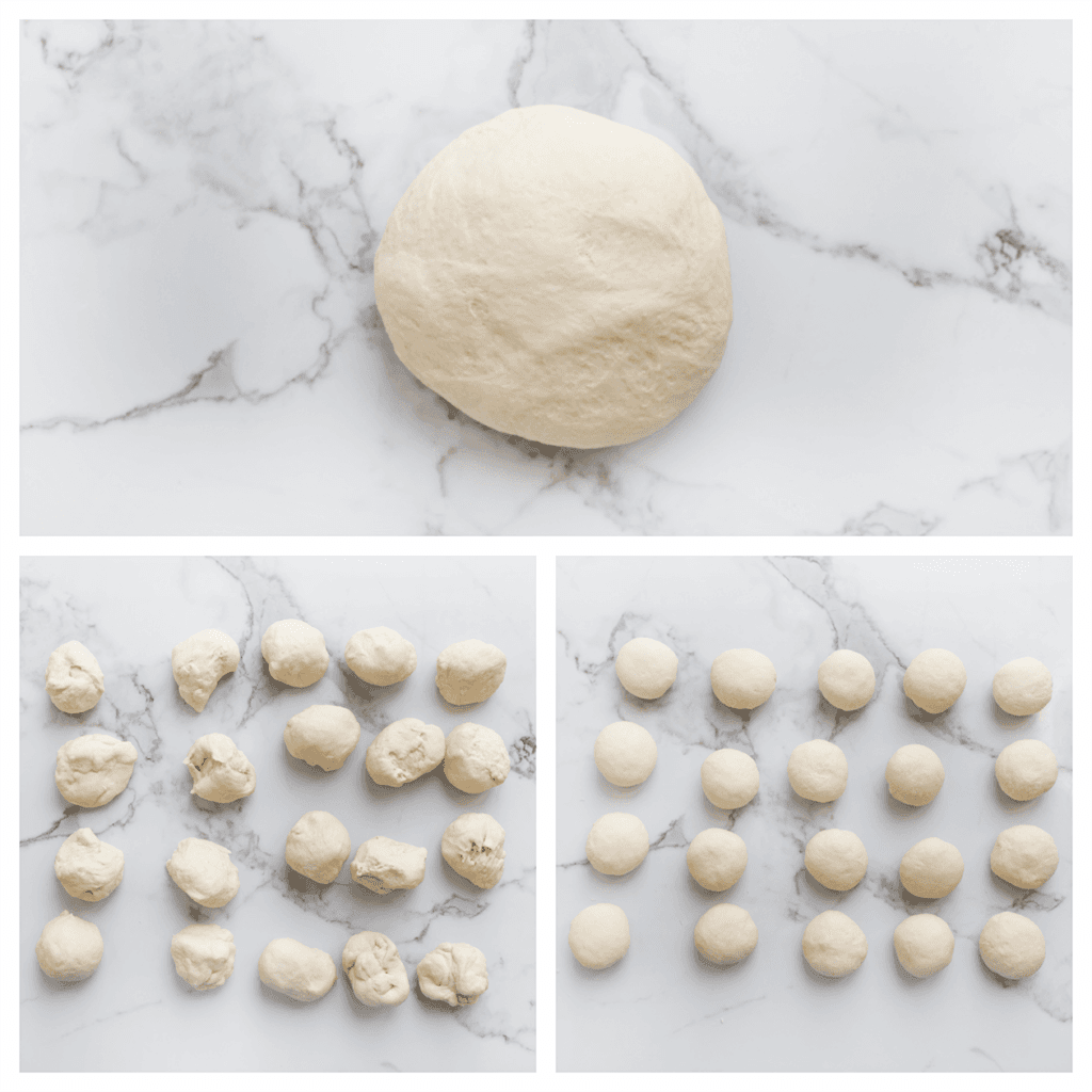 Verdeel het deeg in 20 gelijke stukken (37 gr per stuk). Vorm ze mooi rond.