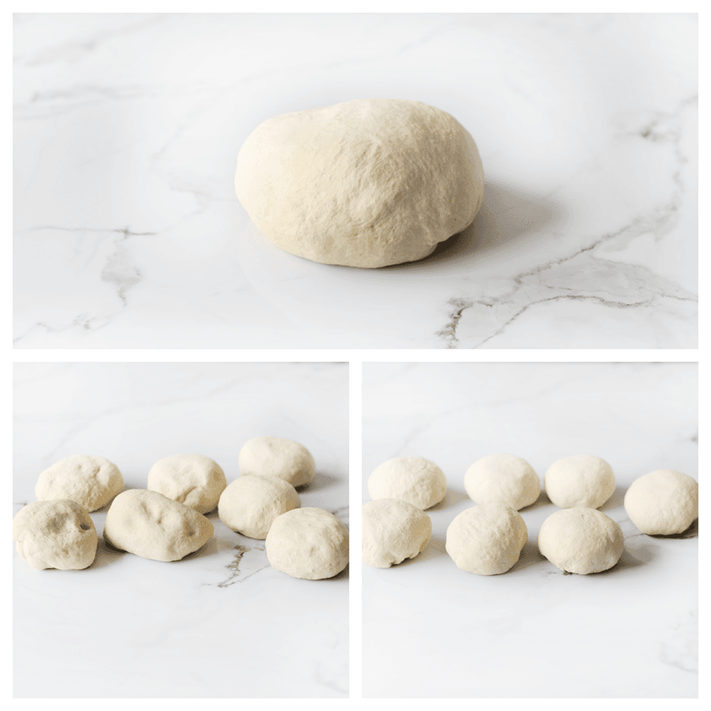 Stort het deeg op je werkplek en verdeel het in 7 stukken (120 gr per stuk).