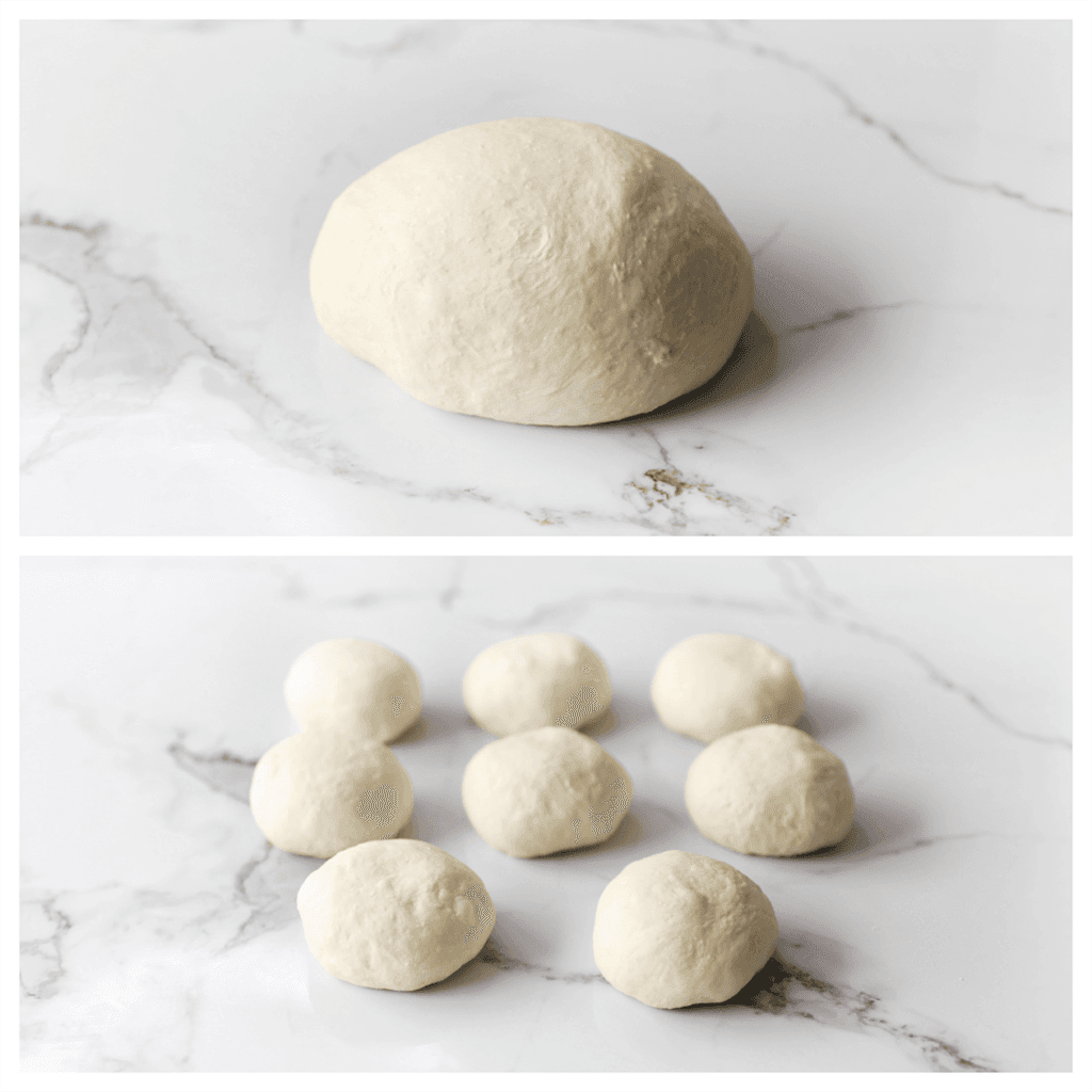 Verdeel het deeg in 8 stukken van 100 gram per stuk en vorm deze tot mooie ronde bollen.