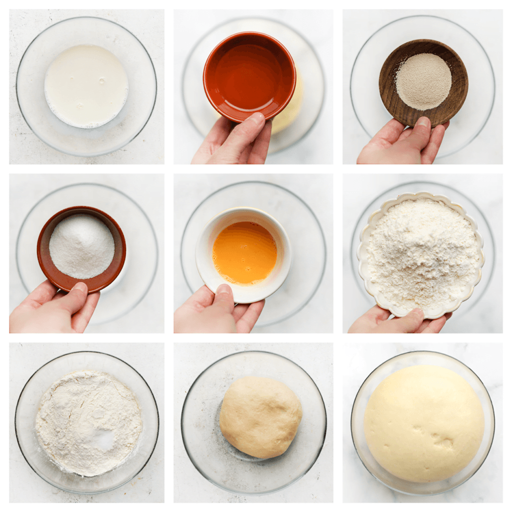 Doe de lauwwarme melk samen met de zonnebloemolie, gist, suiker en vanillesuiker in een diepe kom. Meng goed en laat het even staan. Voeg het geklutste ei toe en meng opnieuw goed. Voeg als laatste de bloem toe en meng goed. Kneed het deeg vervolgens 10-12 minuten.