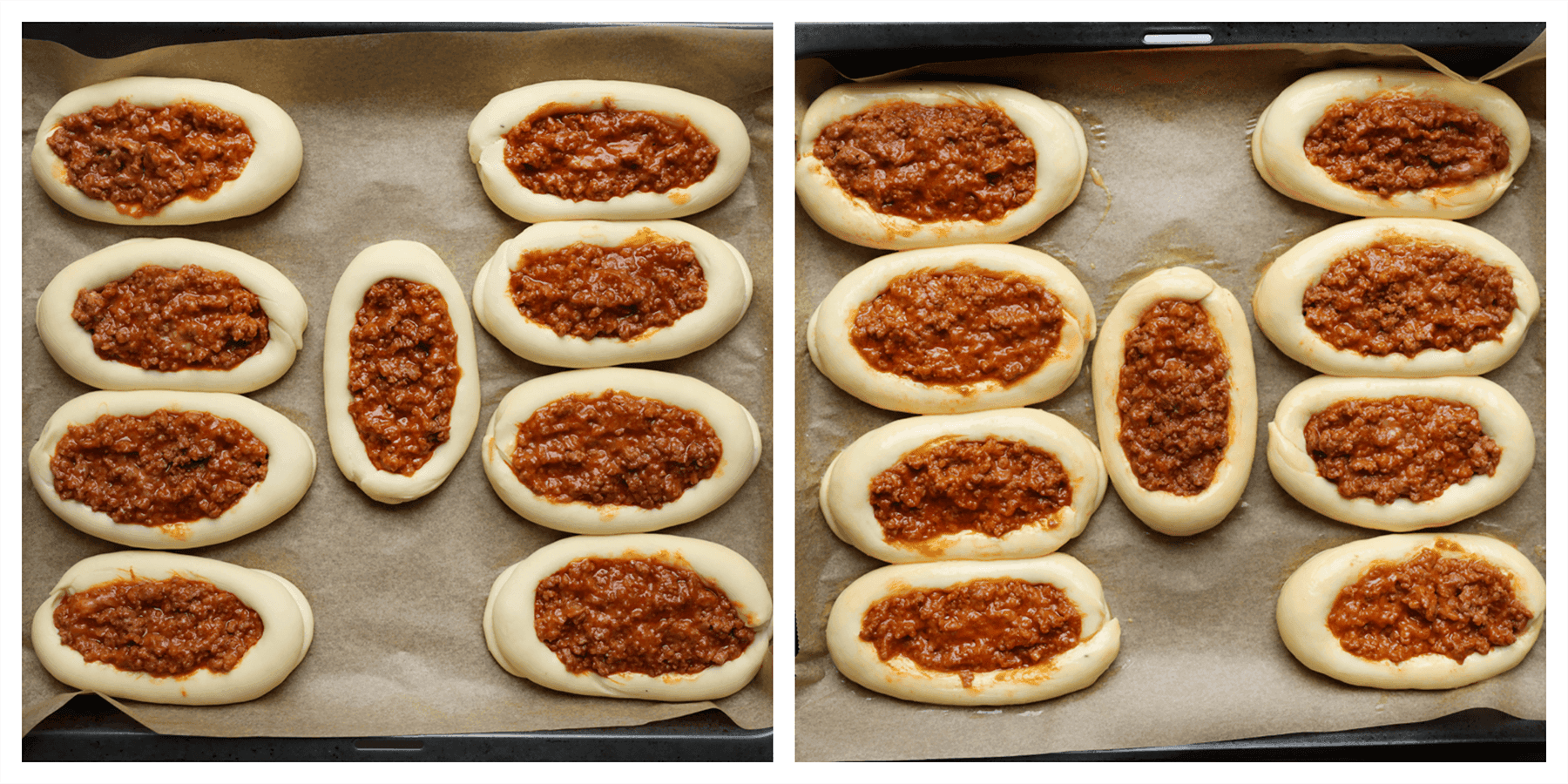 Deeg vullen met het gehaktmengsel en laten rijzen