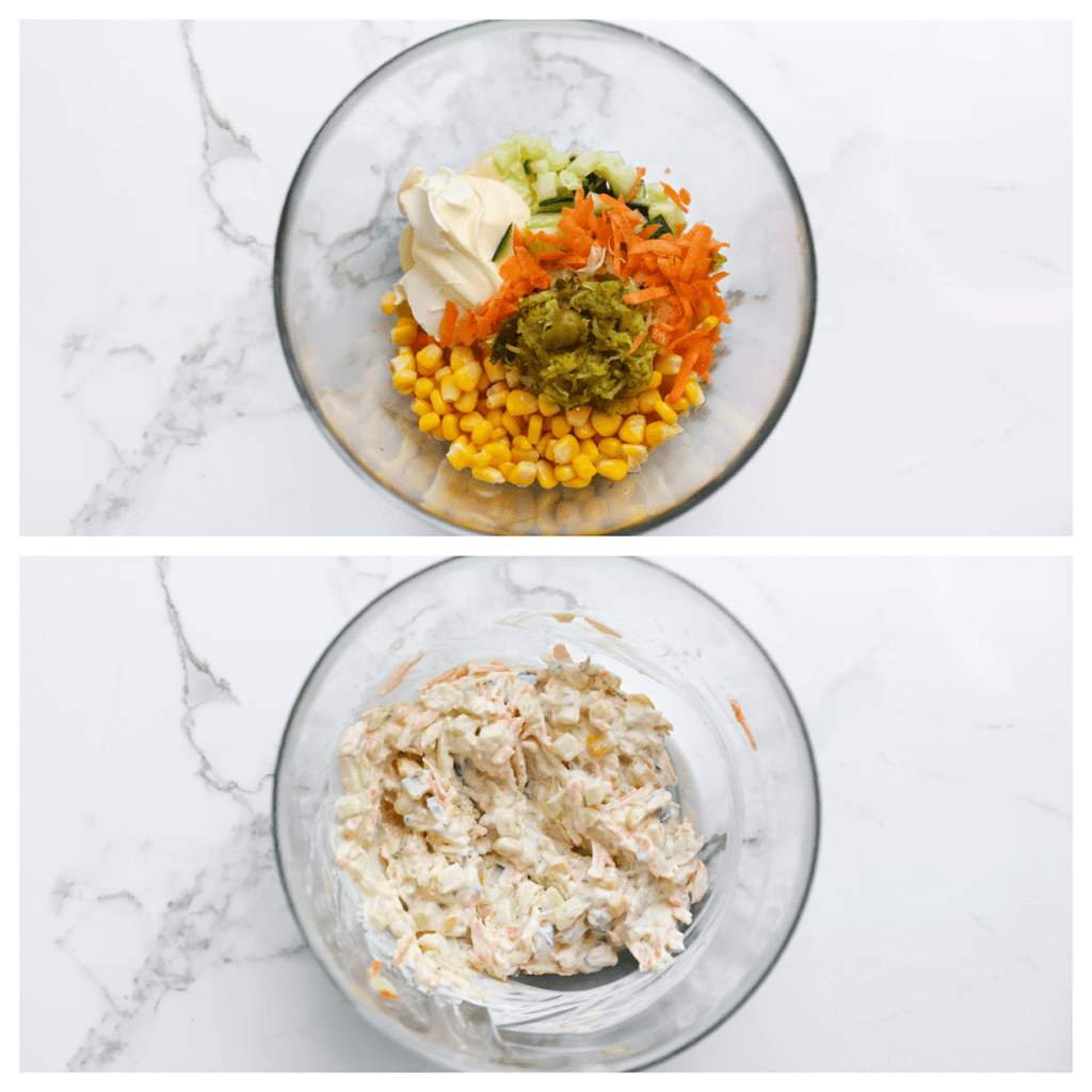 Snijd de komkommer in kleine stukjes. Rasp de wortel, augurk en gele ui. Doe de mayonaise samen met de roomkaas, maïs, komkommer, wortel, gele ui en augurk in een kom. Meng goed.