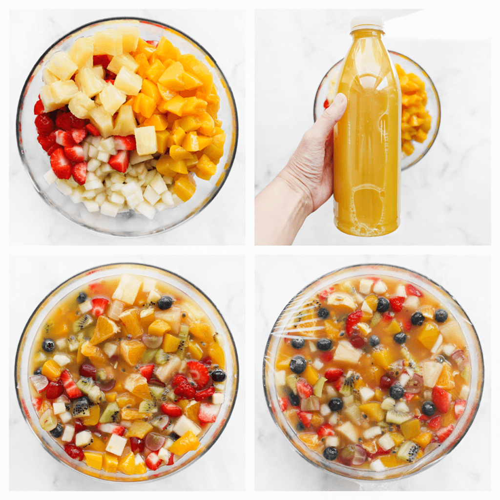 Voeg als laatste het ananassap toe en meng alles goed door elkaar. Dek de fruitpunch af met huishoudfolie en zet het een aantal uur in de koelkast.