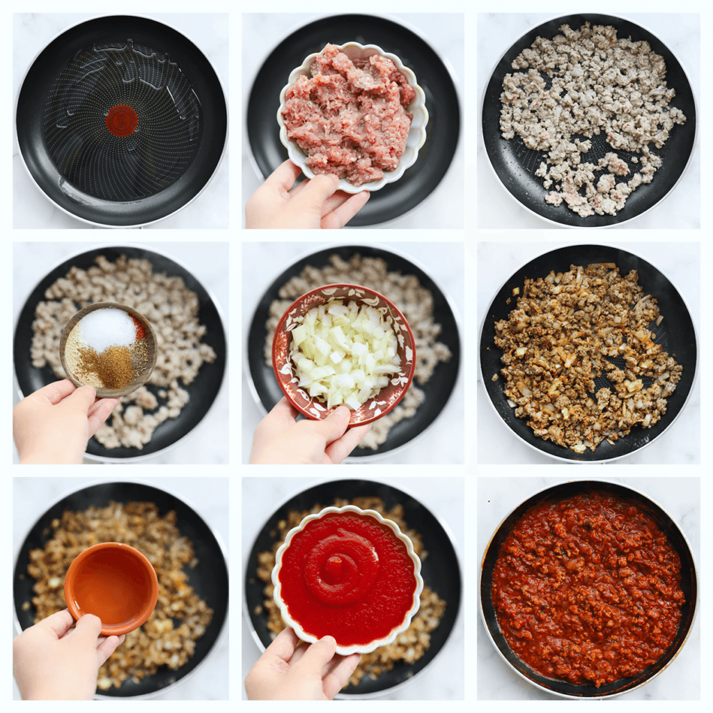 Verhit de olijfolie in een koekenpan op middelhoog vuur. Voeg het gehakt toe en bak gedurende 2-3 minuten. Voeg de knoflookpoeder, uienpoeder, cayennepeper, paprikapoeder, Italiaanse kruiden en het zout toe. Voeg de gele ui toe en meng goed. Bak 4-5 minuten. Voeg het water, de honing en tomatensaus toe. Kook tot een geheel. Laat iets afkoelen.