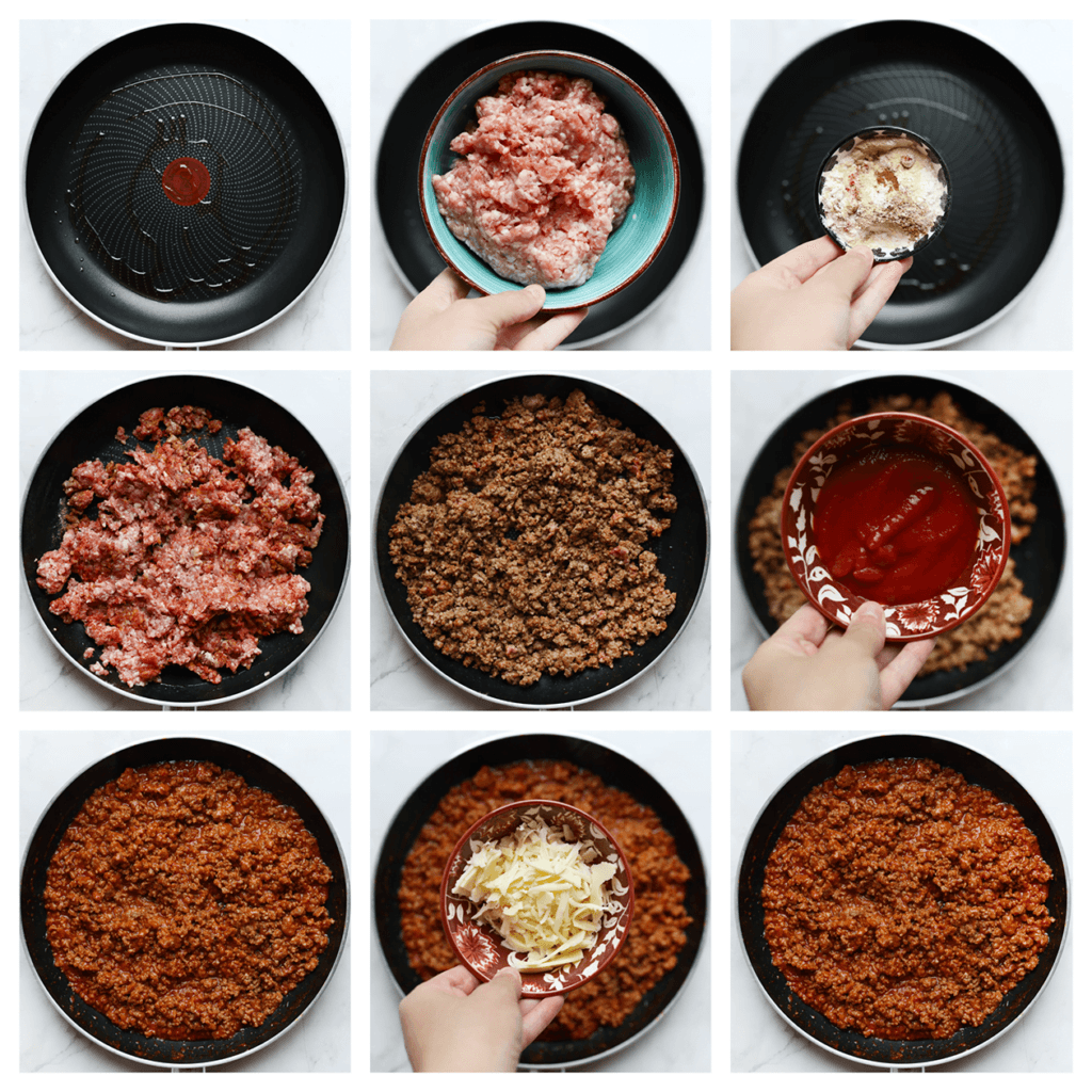 Verhit de olijfolie in een koekenpan op middelhoog vuur. Voeg het gehakt, zout, komijnpoeder, paprikapoeder, uienpoeder, knoflookpoeder en cayennepeper toe. Bak 6-7 minuten. Voeg de gezeefde tomatensaus en honing toe en kook tot het geheel gaar is. Haal de pan van het vuur en voeg de geraspte kaas toe. Meng goed. Laat het gehaktmengsel afkoelen.