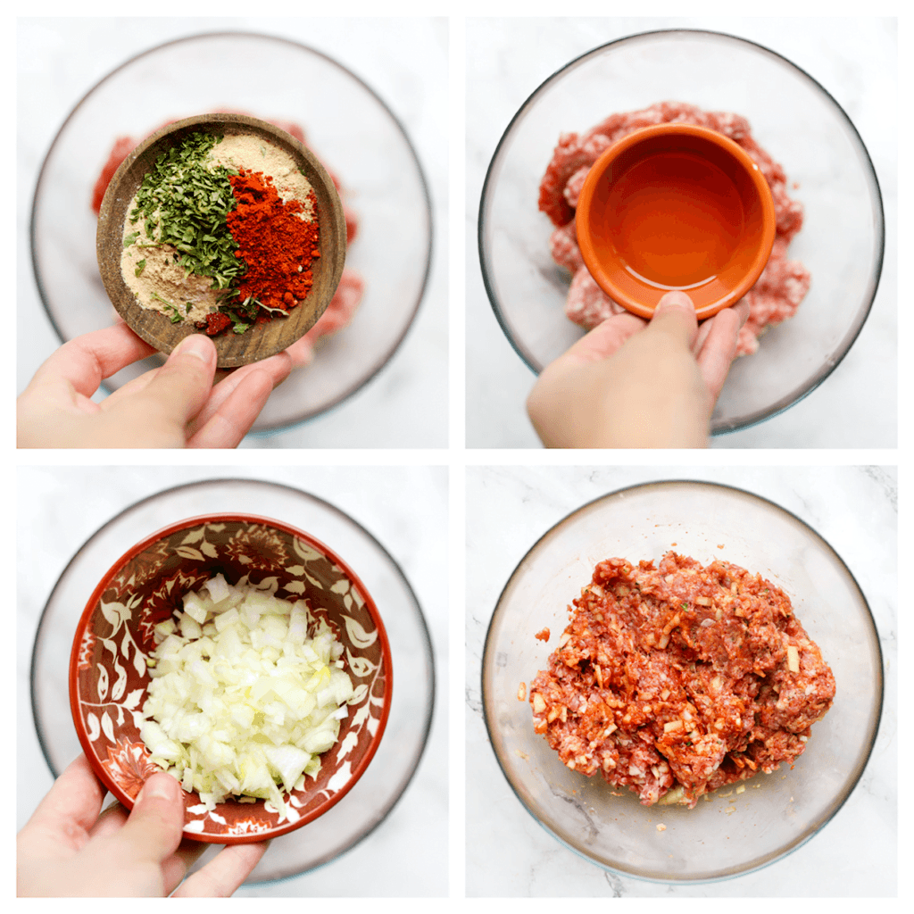 Doe het gehakt samen met het zout, komijnpoeder, knoflookpoeder, uienpoeder, de cayennepeper, gedroogde peterselie en zonnebloemolie in een diepe kom. Meng het goed.