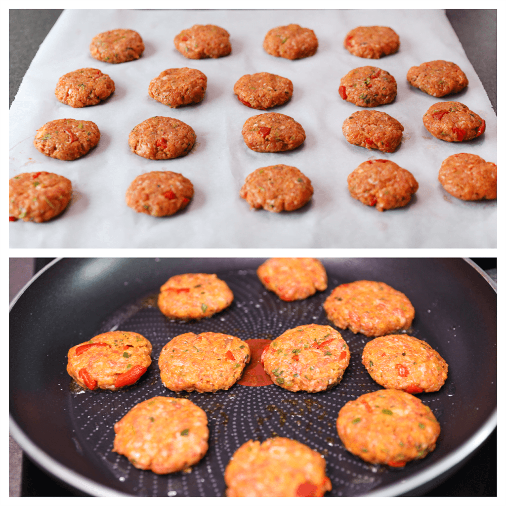 Neem wat van het gehakt en vorm het tot kleine burgers. Bak de burgers aan beide kanten gaar.