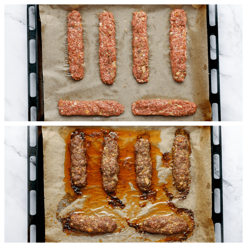 Neem wat van het gehakt (100 gr per stuk) en rol dit met je handen tot een langwerpige staaf. Leg het gehakt op een bakplaat met bakpapier en druk het plat. Herhaal deze werkwijze.